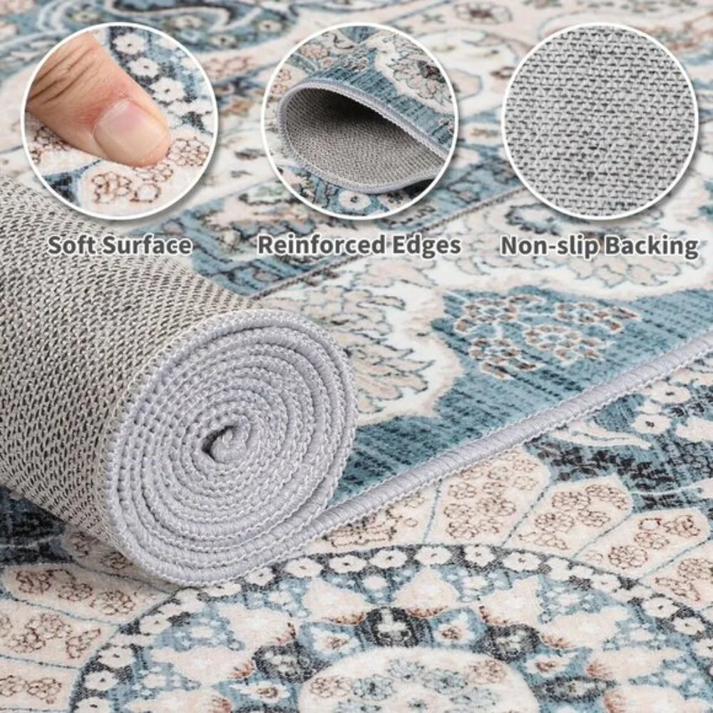 New 6x9 Blue Vintage Washable Rug Non-Slip Low Pile Carpet for Home & Room
